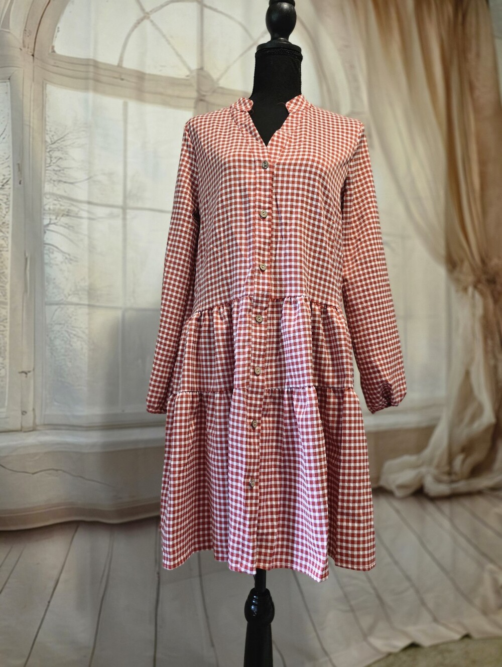 Red Gingham Tiered Button-Front Long Sleeve Dress